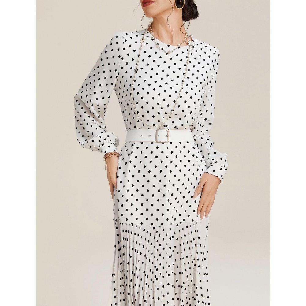 FEHAUTE White Black Polka Dot Pleated Maxi Dress Balloon Sleeve A-Line Sz 10 NWT - Picture 13 of 16